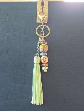 Green Tassel Keychain with Colorful Beads